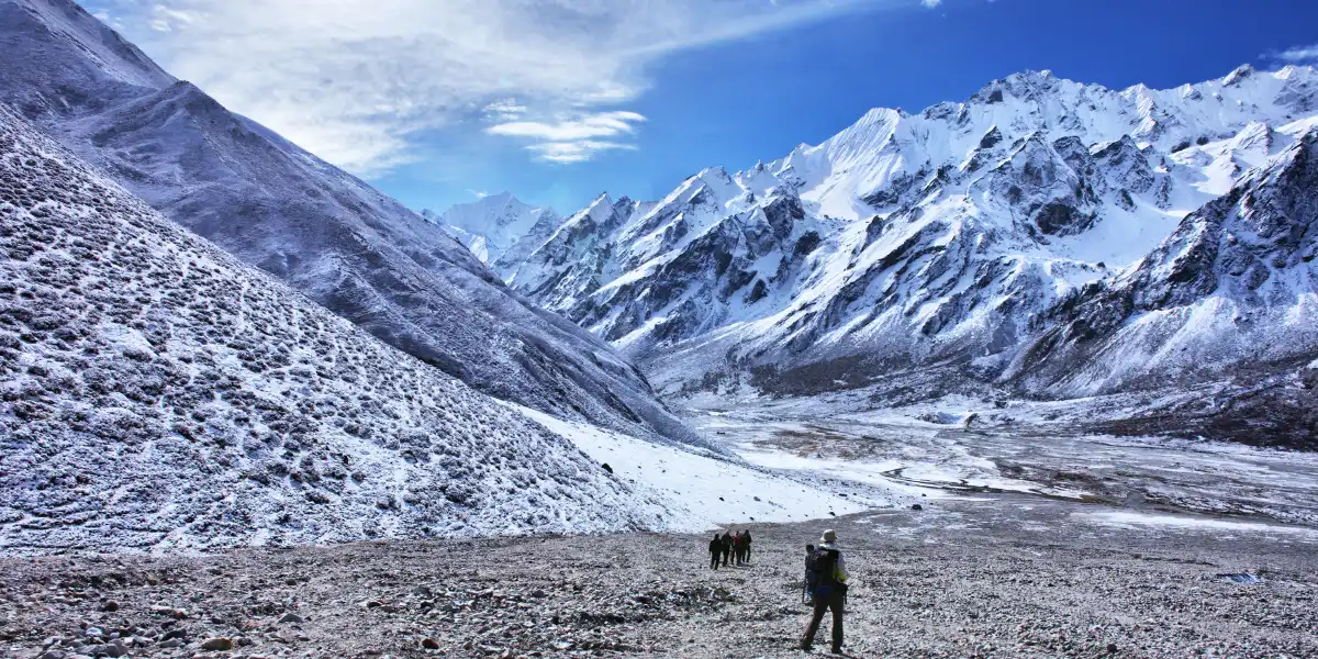 Kyanjin Gompa monastery with mountains